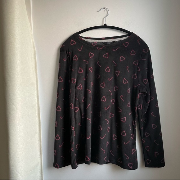 Tag Tops - Black Fleece Pullover-Heart&Candy cane print-Cozy Holiday size L